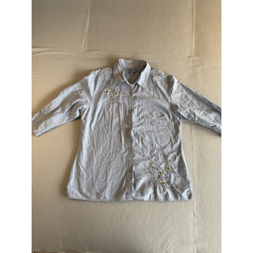 Classic Elements Blue Floral Embroidered Collared Cotton Button-Up Women's M/M